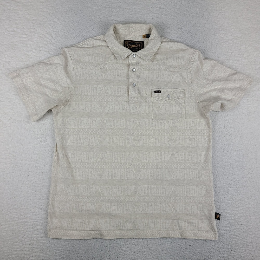 Howler Bros Polo Shirt Mens Medium Beige Pocket Pearl Snap Button Short Sleeve